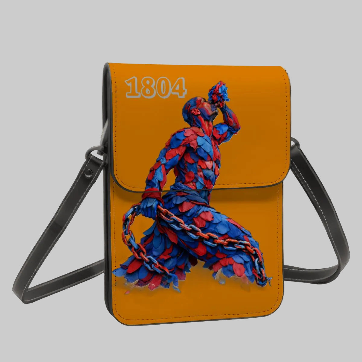 Orange crossbody bag with a colorful sculpture design and '1804' text on a white background