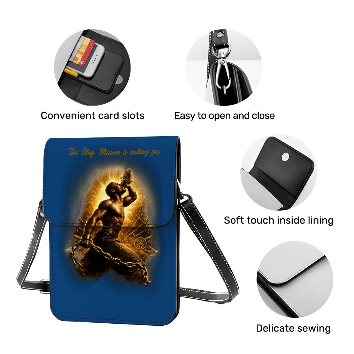 Blue crossbody bag with a design of a man holding a sword, surrounded by features like card slots, easy opening, soft lining, and delicate sewing.