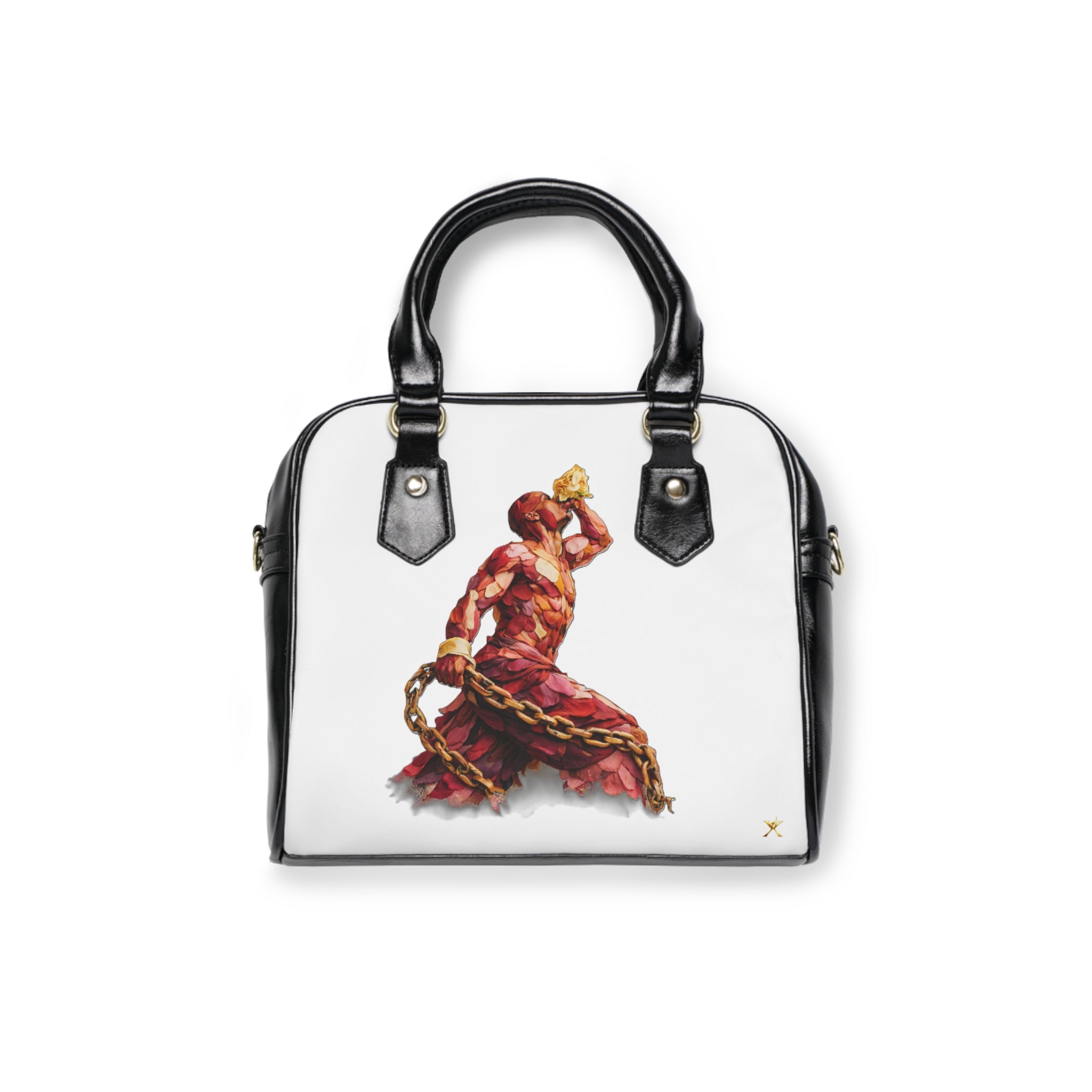 Handbag with a design of a person in a red outfit and chains on a white background