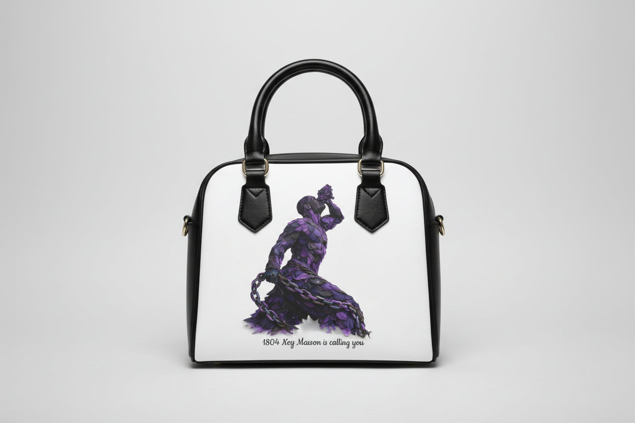 Handbag with a purple silhouette design on a white background