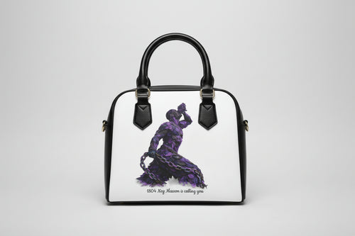 Handbag with a purple silhouette design on a white background