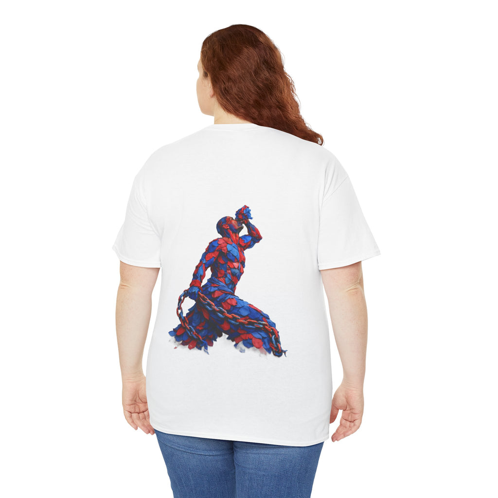 Person wearing a white t-shirt with a colorful graphic on the back, standing against a white background
