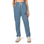 Blue sweatpants with a patch on a white background