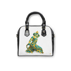 Handbag with a colorful parrot design on a white background
