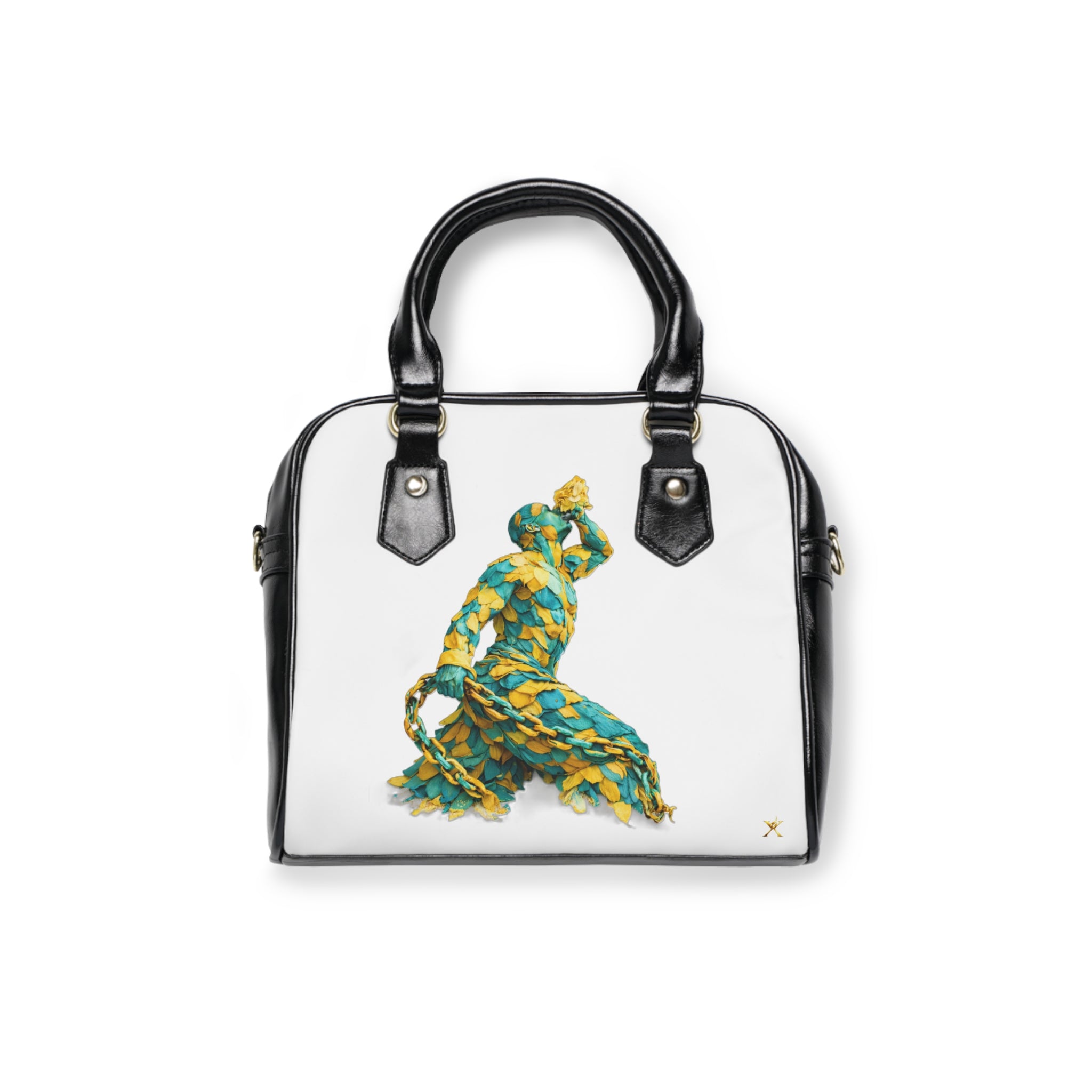 Handbag with a colorful parrot design on a white background