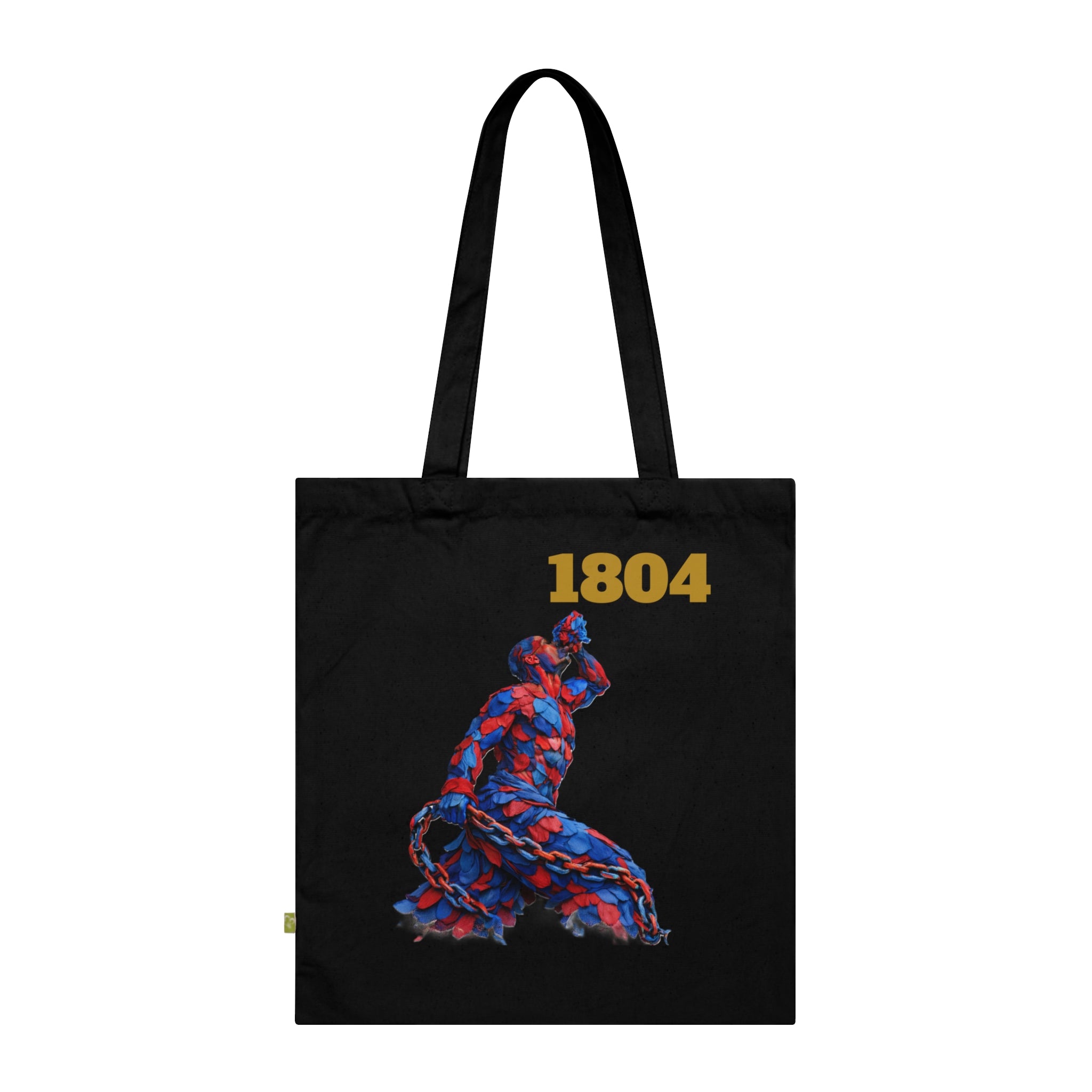 Black tote bag with colorful design and '1804' text on a white background