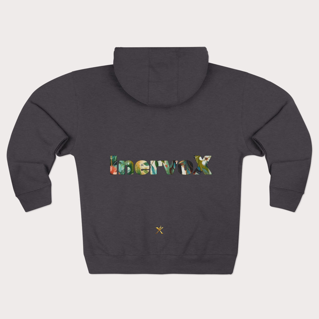 Dark gray hoodie with colorful text on the back against a light gray background