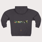 Dark gray hoodie with colorful text on the back against a light gray background