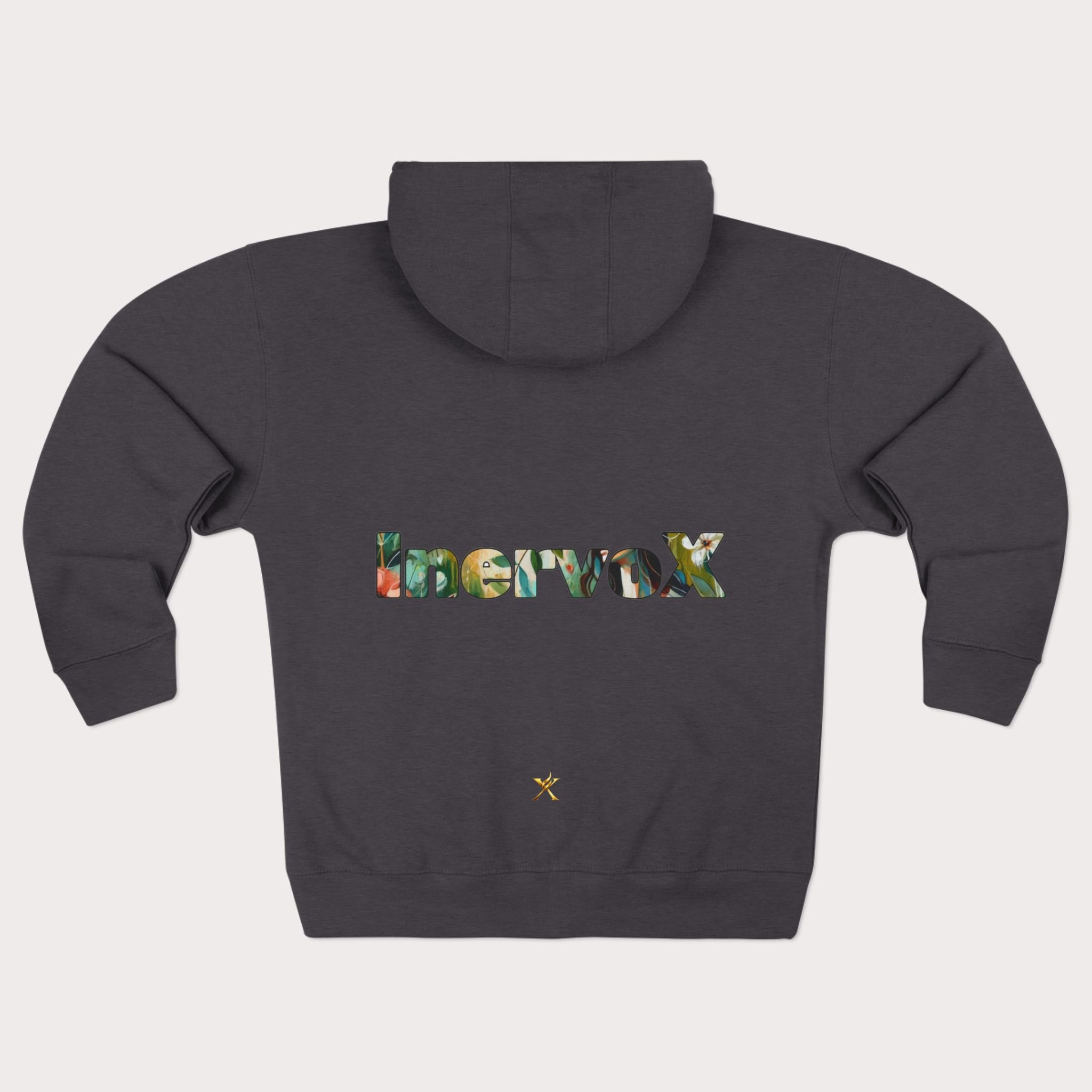 Dark gray hoodie with colorful text on the back against a light gray background