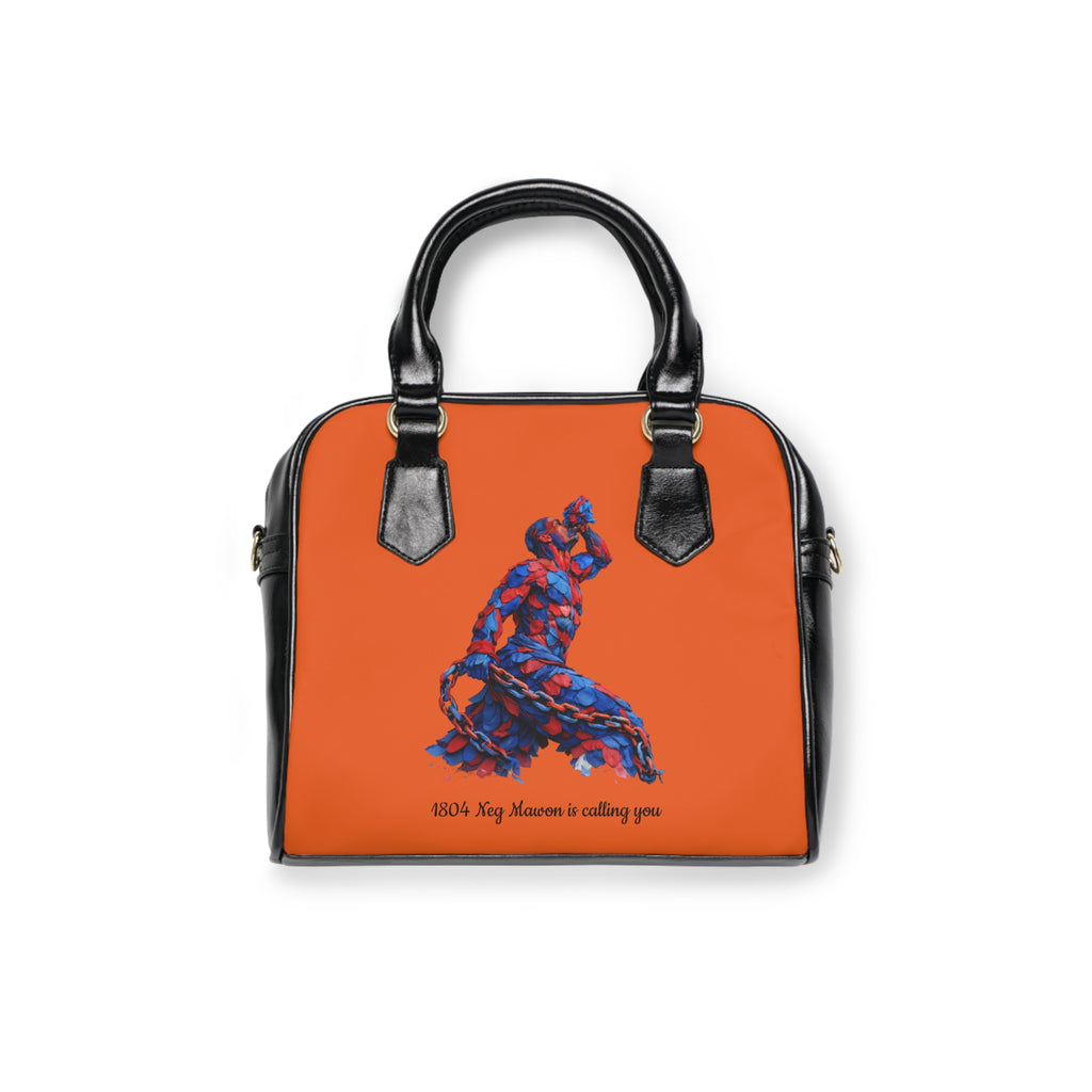 Orange handbag with black handles and a blue and red design on a white background