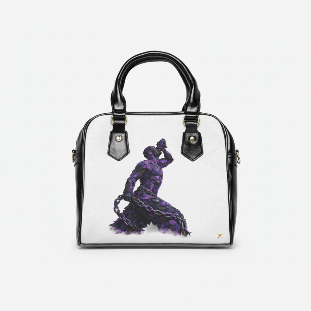 Handbag with a purple silhouette of a dancer on a white background