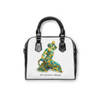 Handbag with a design of a woman in a green dress on a white background