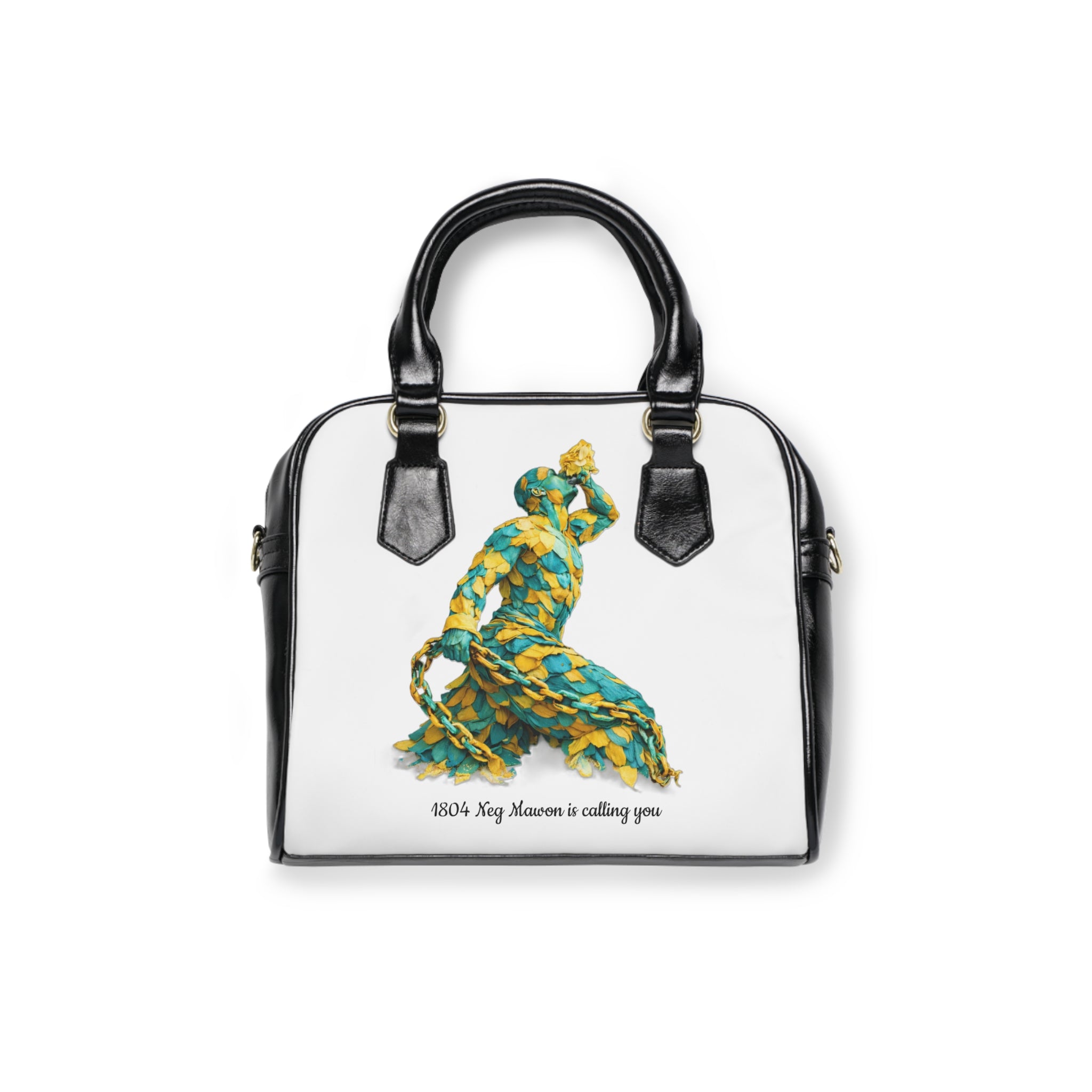 Handbag with a design of a woman in a green dress on a white background