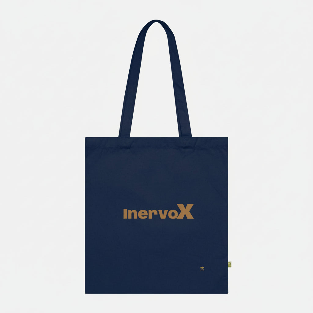 Navy tote bag with 'Inervox' logo on a white background