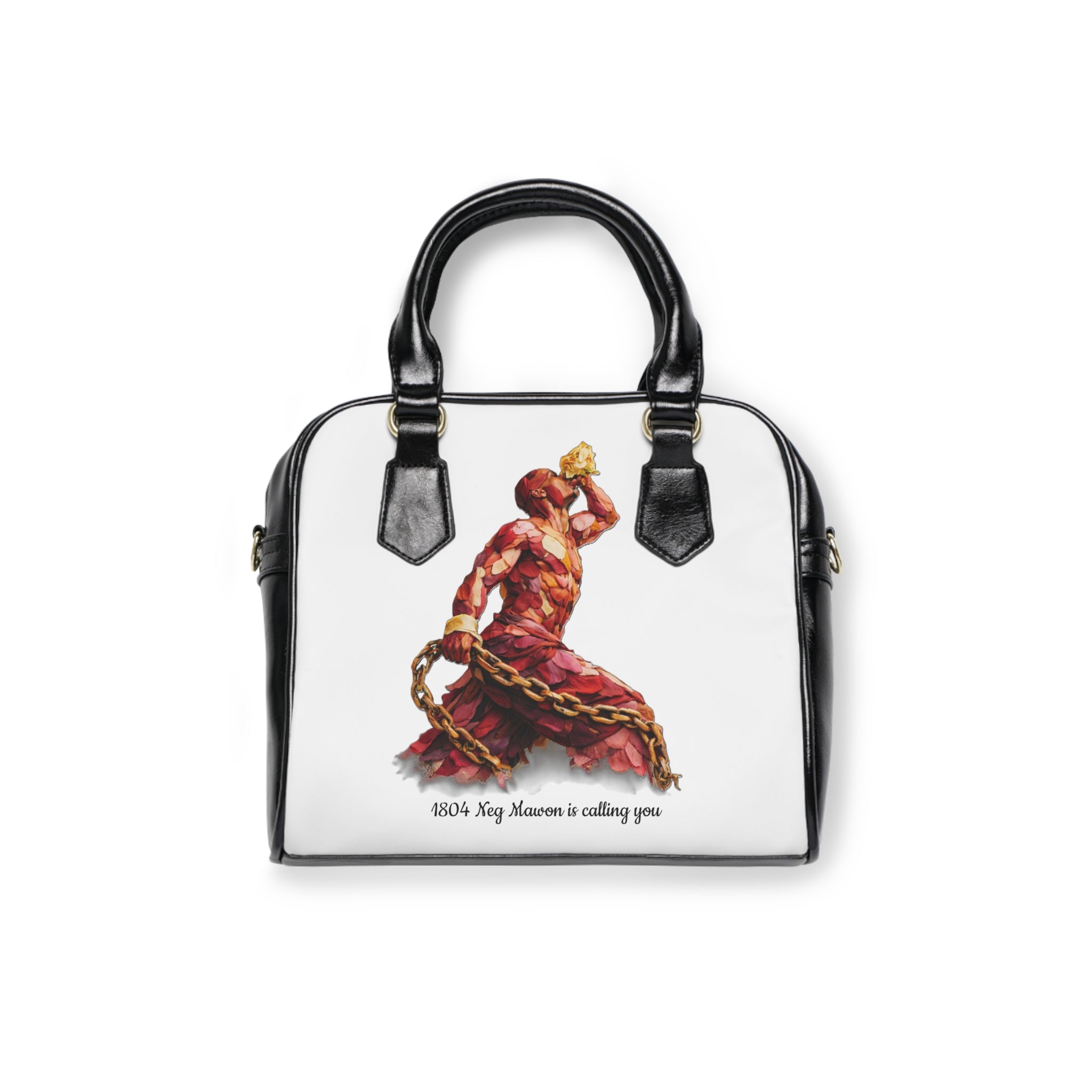 Handbag with a design of a woman in a red dress and chains on a white background