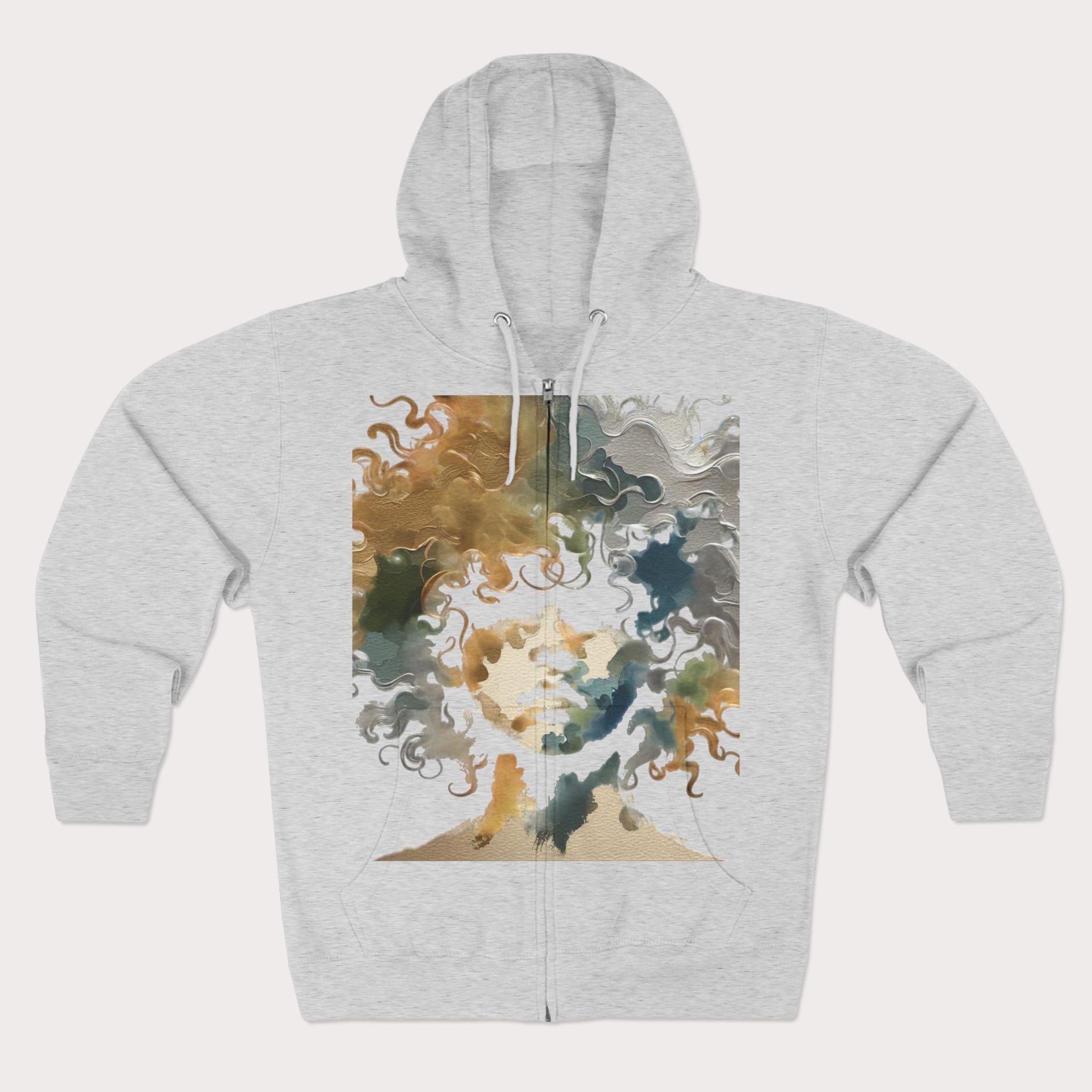 Gray hoodie with a colorful abstract design on a white background