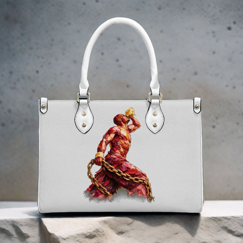 Sac cabas en PU pour femmes InervoX Vision jeune garçon Eldar Beleu et rouge Silhouette musclée sculptée dans des pétales rouges pixel clair Silhouette musclée sculptée dans des pétales X doré avec flammes entrelacées (1)