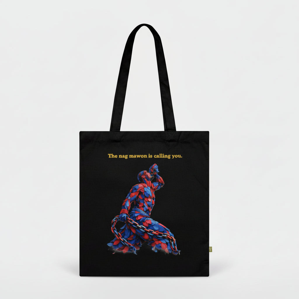 Black tote bag with blue and red design and text on a white background