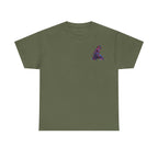 Green t-shirt with a colorful logo on a white background