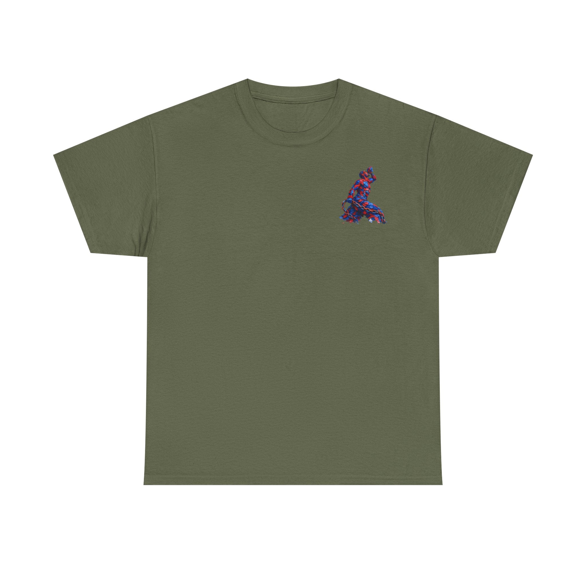 Green t-shirt with a colorful logo on a white background