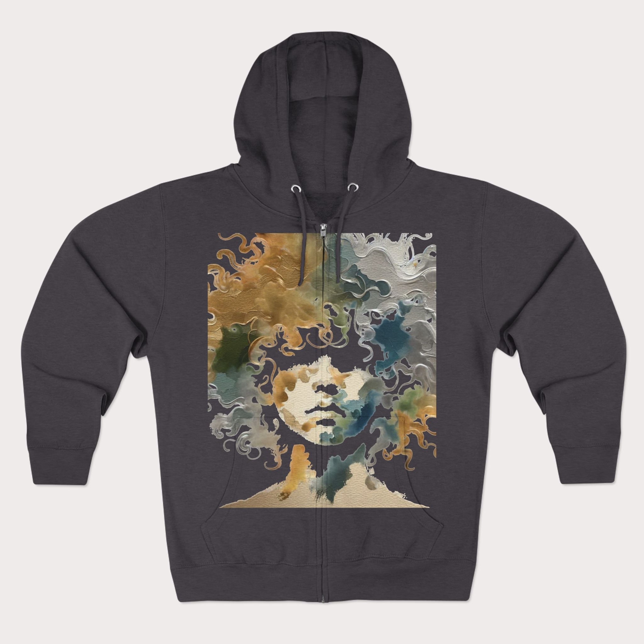 Dark gray hoodie with a colorful graphic design on a white background
