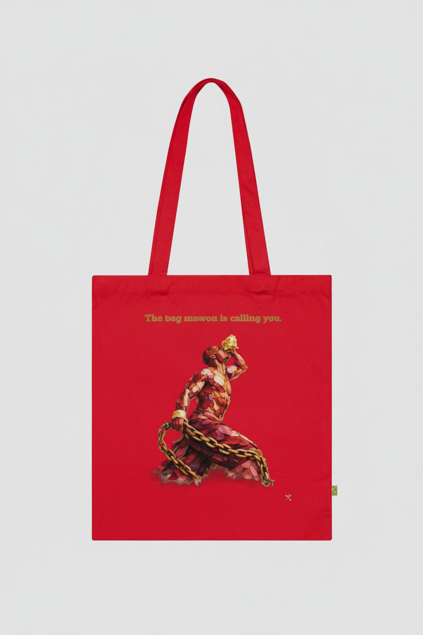 Red tote bag with artistic design and text on a white background