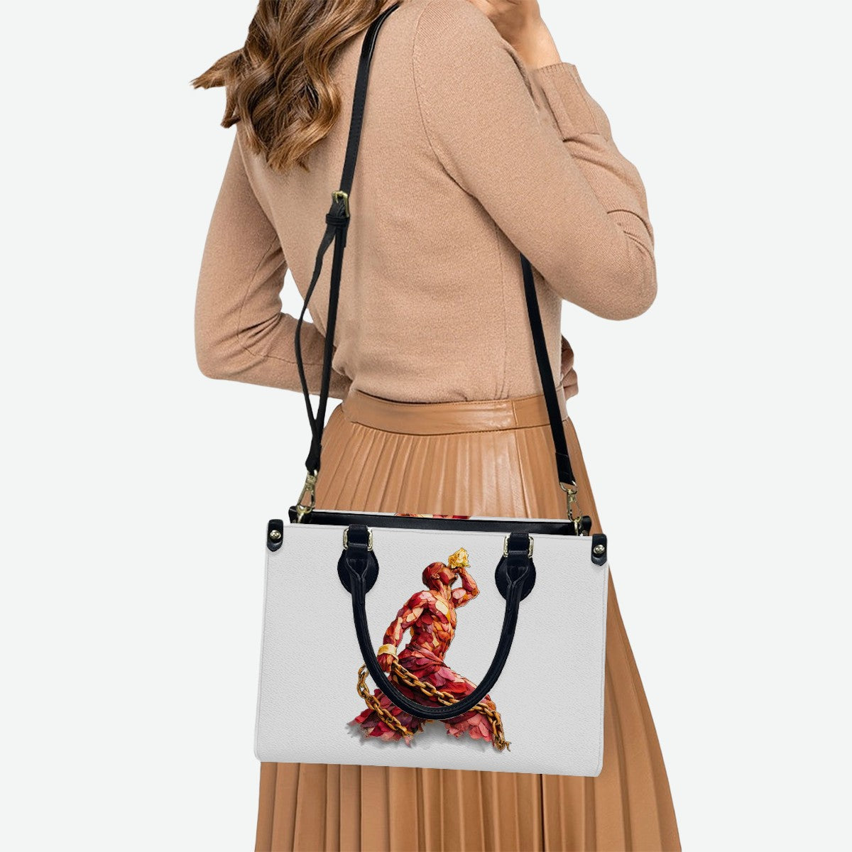 Sac cabas en PU pour femmes InervoX Vision jeune garçon Eldar Beleu et rouge Silhouette musclée sculptée dans des pétales rouges pixel clair Silhouette musclée sculptée dans des pétales X doré avec flammes entrelacées (1)