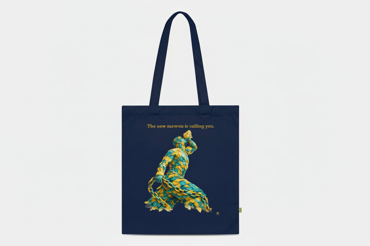 Navy tote bag with a colorful snake design and text on a white background