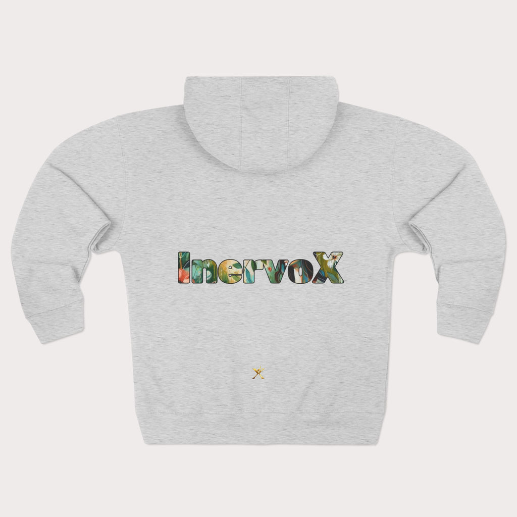 Gray hoodie with 'InervoX' text on the back against a white background