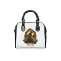 Handbag with a black and gold design on a white background