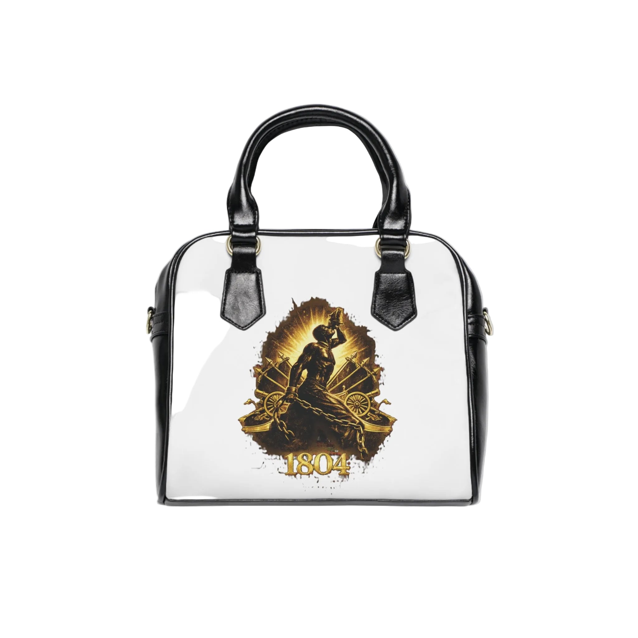 Handbag with a black and gold design on a white background