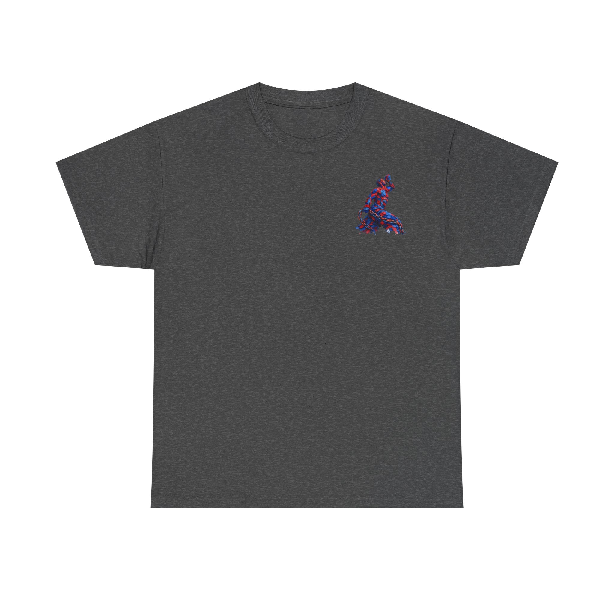 Dark gray t-shirt with a colorful graphic on the chest against a white background
