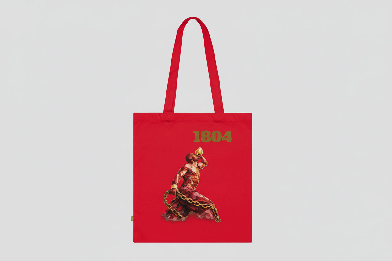Red tote bag with a design and '1804' text on a white background