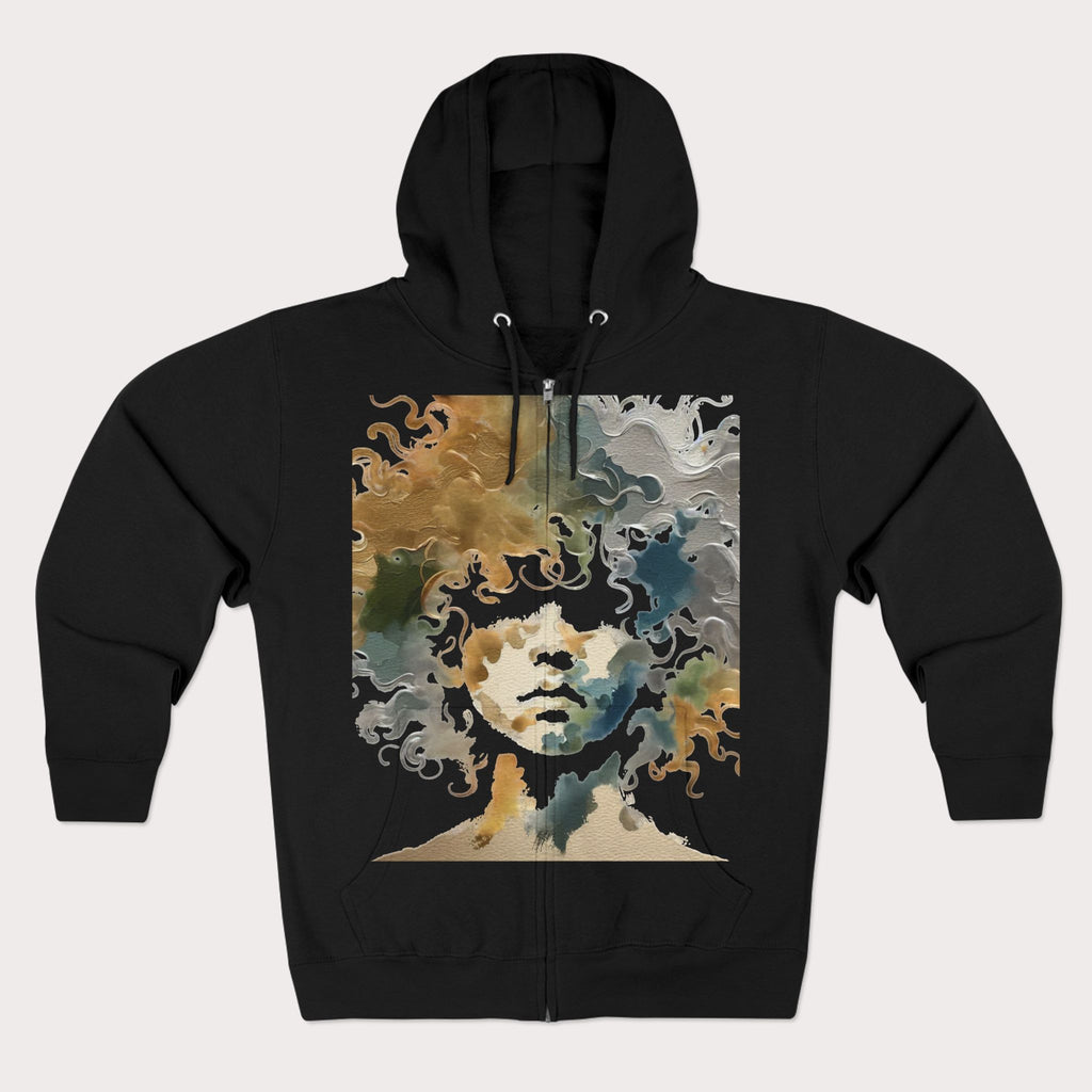 Black hoodie with a colorful graphic of a face on a white background