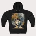 Black hoodie with a colorful graphic of a face on a white background