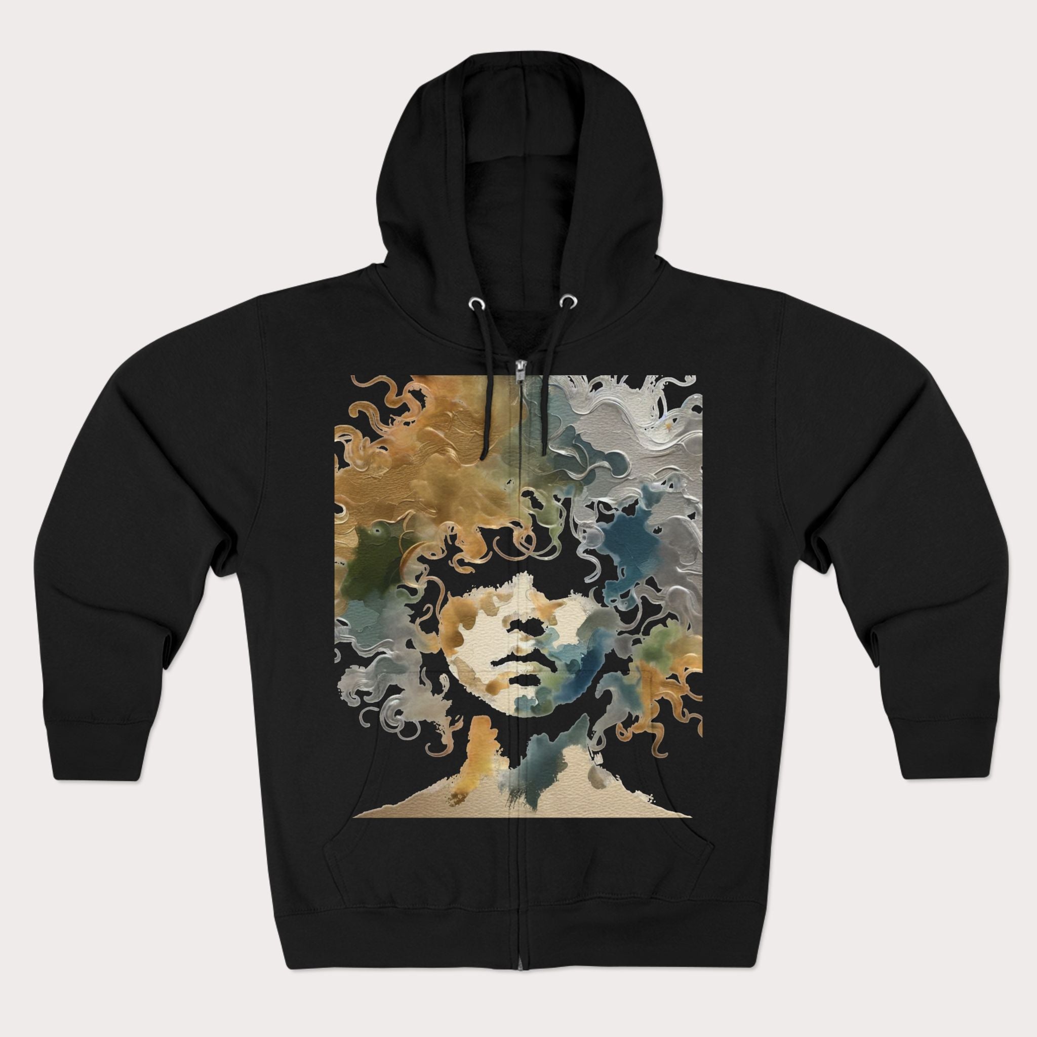 Black hoodie with a colorful graphic of a face on a white background