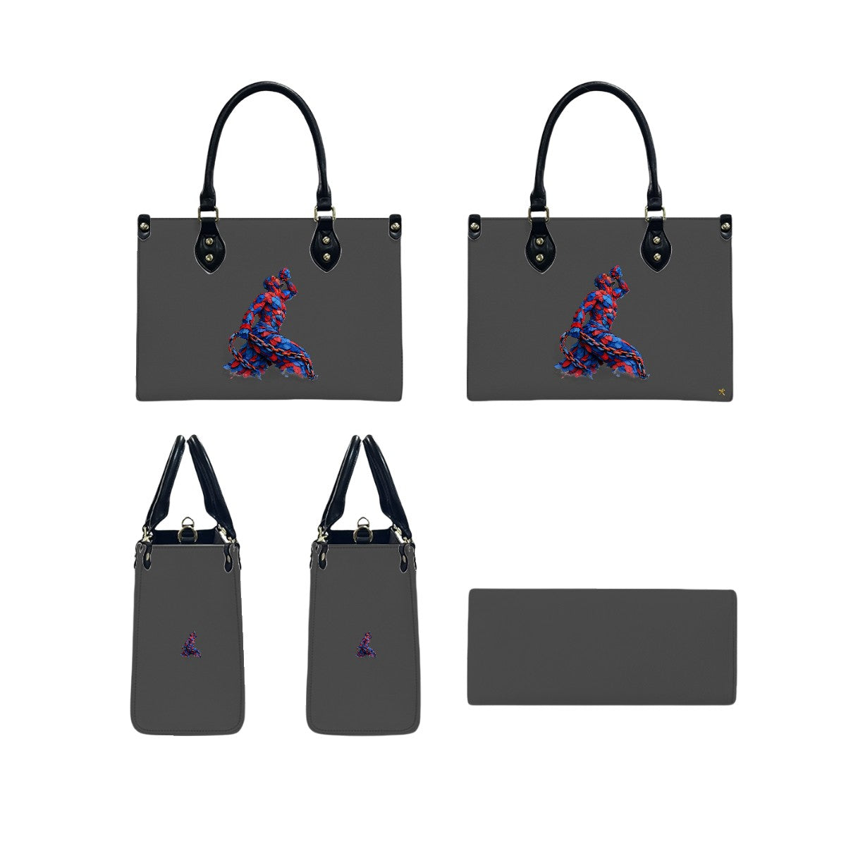 Set of black and gold patterned bags on a white background