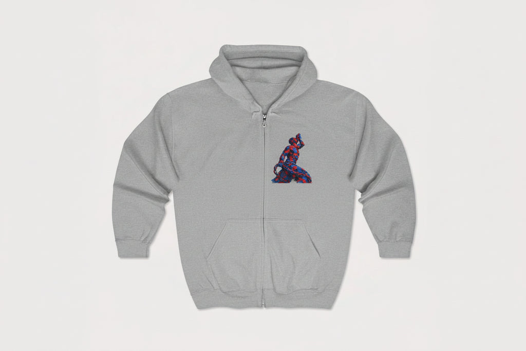Gray hoodie with a colorful superhero design on a light gray background