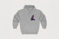 Gray hoodie with a colorful superhero design on a light gray background