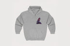 Gray hoodie with a colorful superhero design on a light gray background