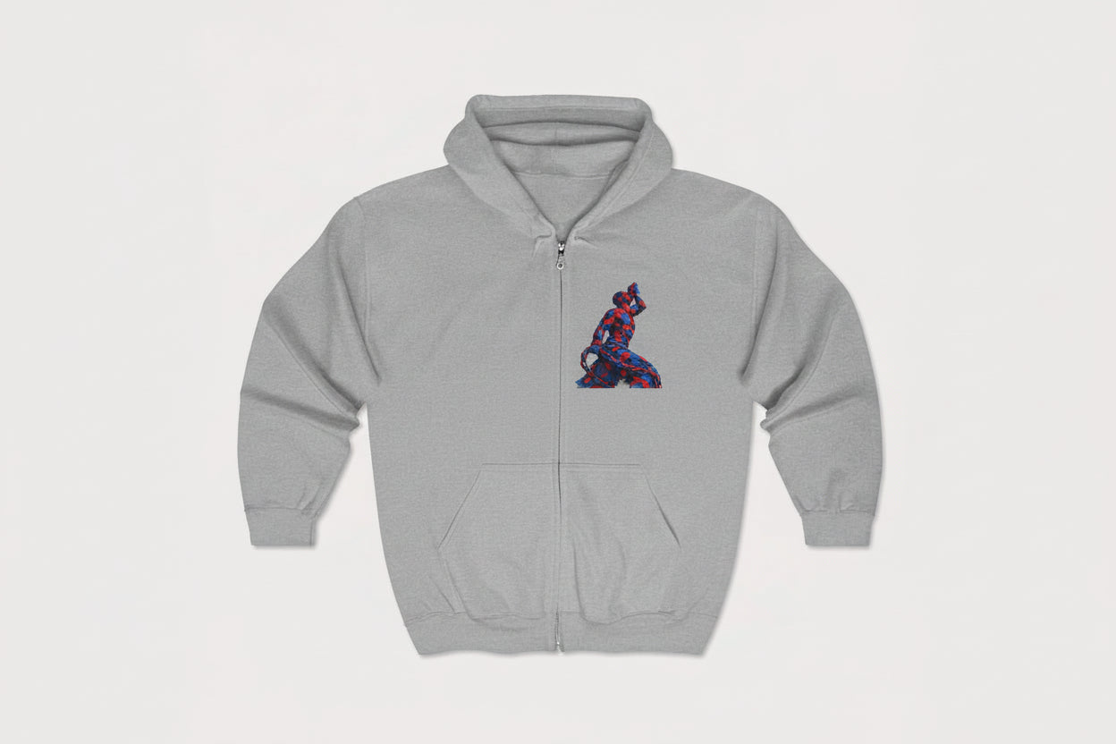 Gray hoodie with a colorful superhero design on a light gray background