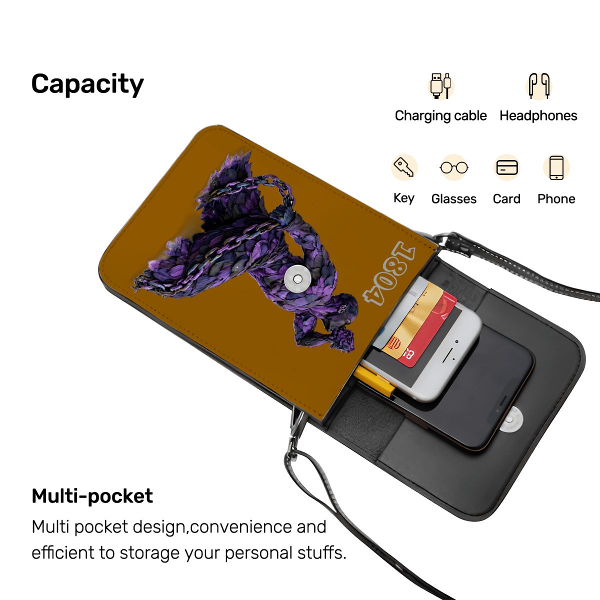 Leather Cell Phone Purse With Shoulder Strap- Purple & Black Neg mawon The calling