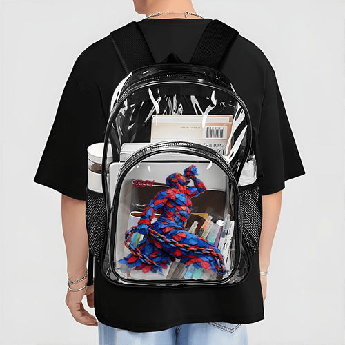 Person wearing a transparent backpack with a red and blue dog toy inside, on a plain background
