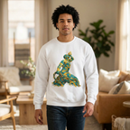 Man wearing a white sweatshirt with a colorful bird design in a living room.