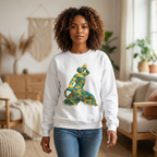 Woman wearing a white sweatshirt with a colorful design in a living room.