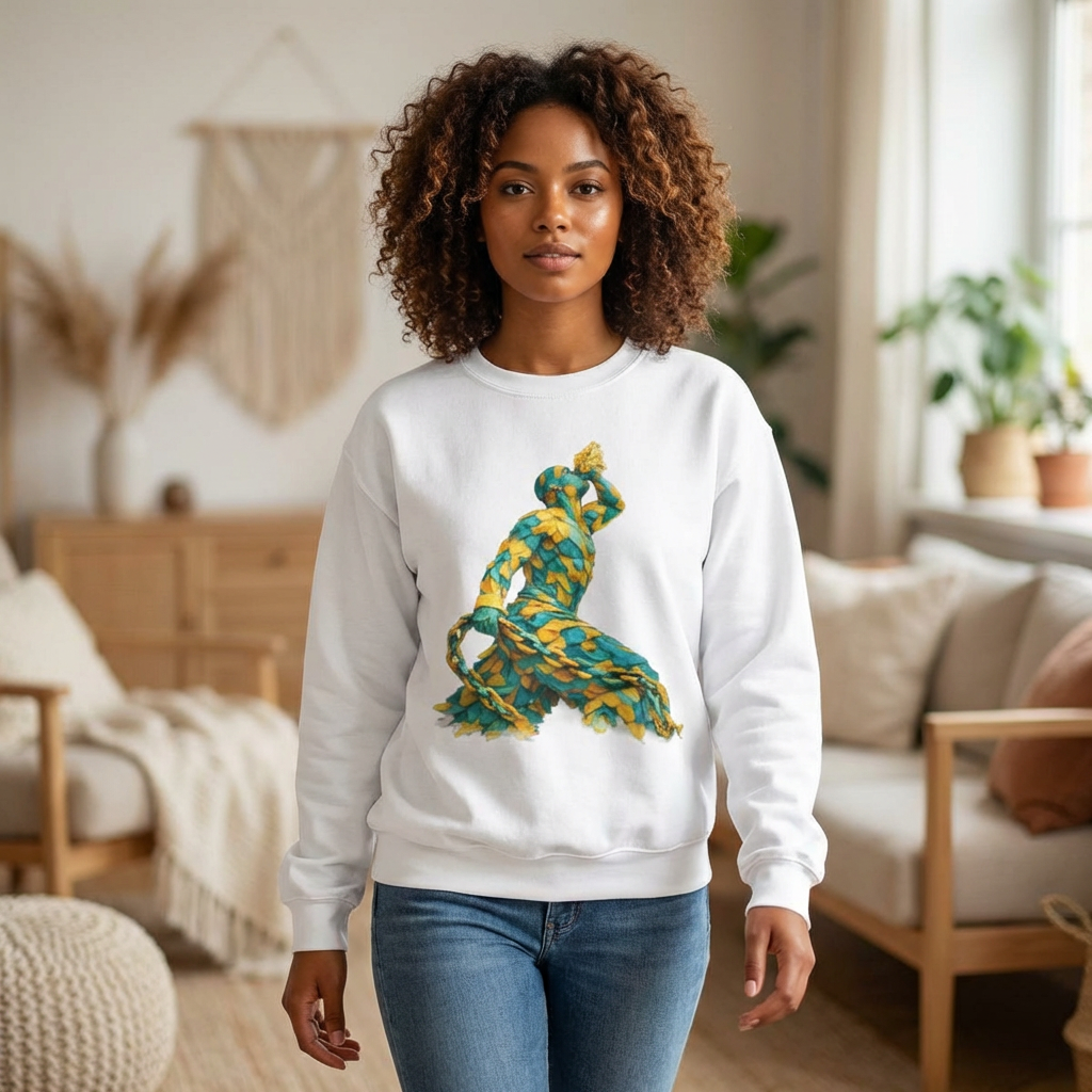 Woman wearing a white sweatshirt with a colorful design in a living room.
