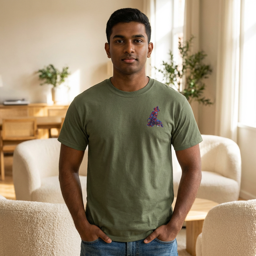 Man wearing a green t-shirt with a colorful logo in a living room.