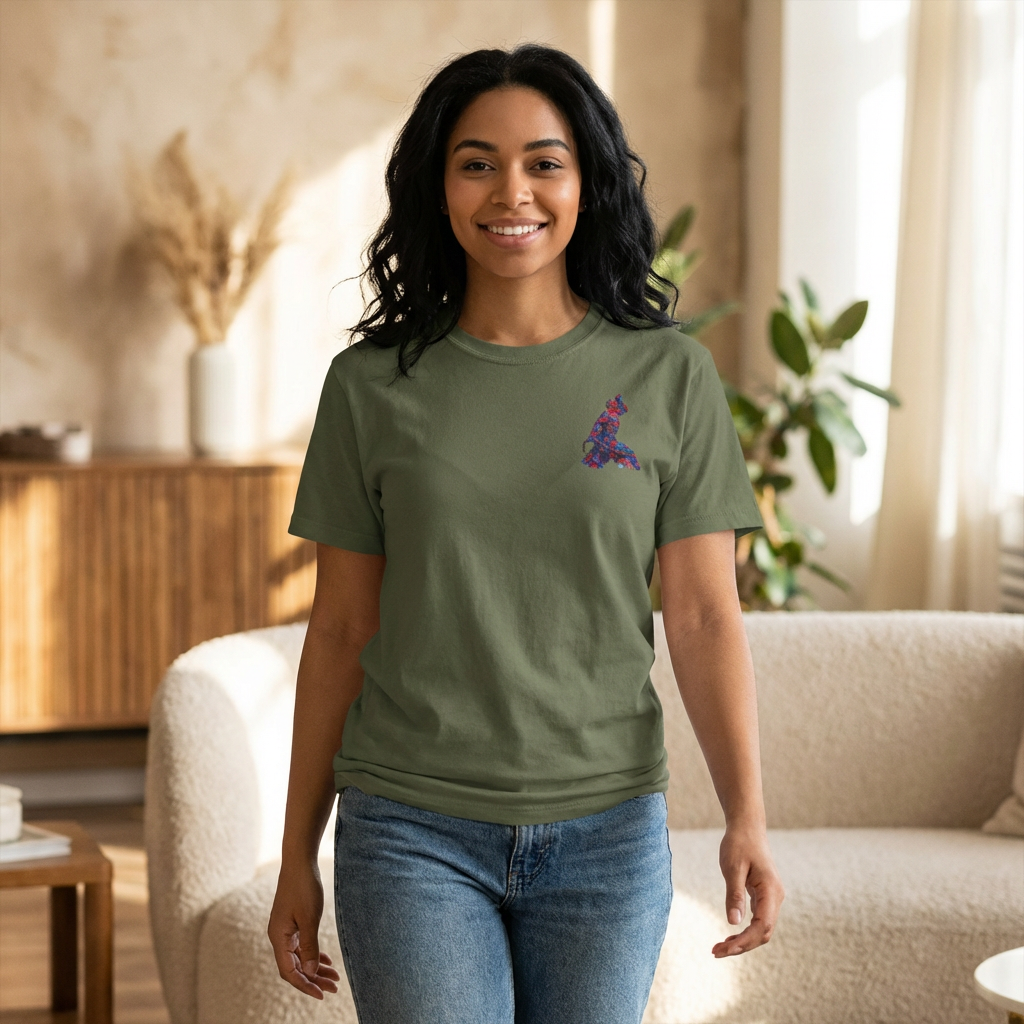 Woman wearing a green t-shirt with a colorful design in a living room.