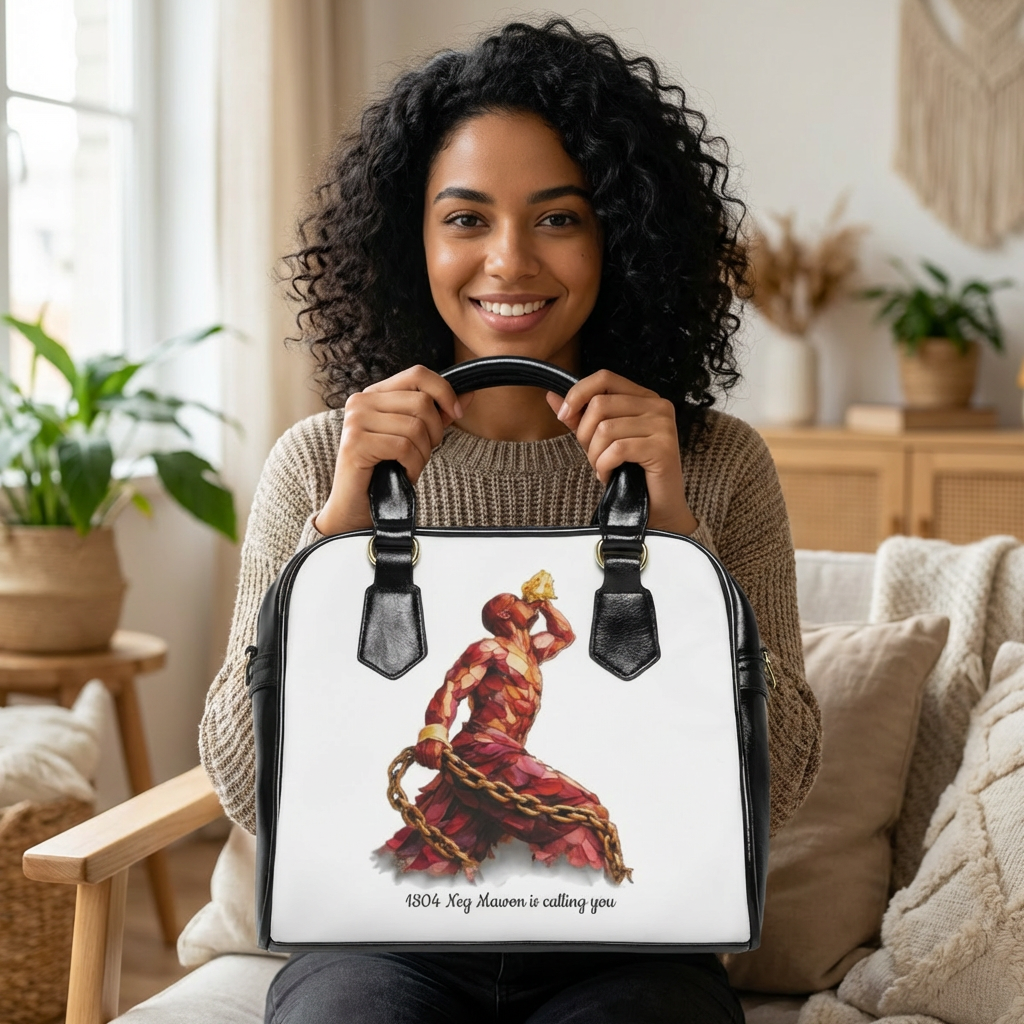 Woman holding a bag with a design of a woman in chains and text, sitting in a cozy living room.