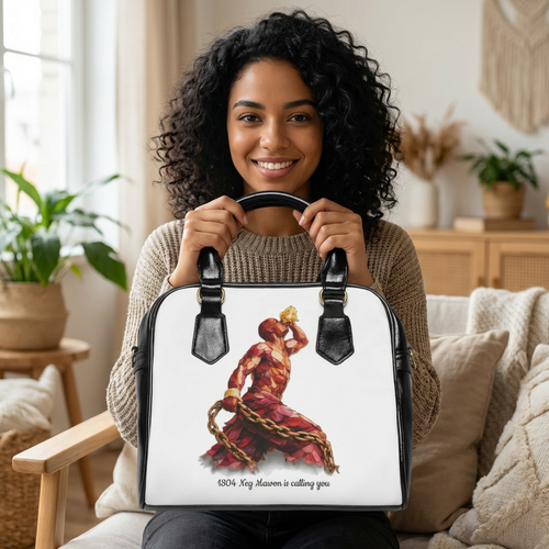Woman holding a bag with a design of a woman in chains and text, sitting in a cozy living room.
